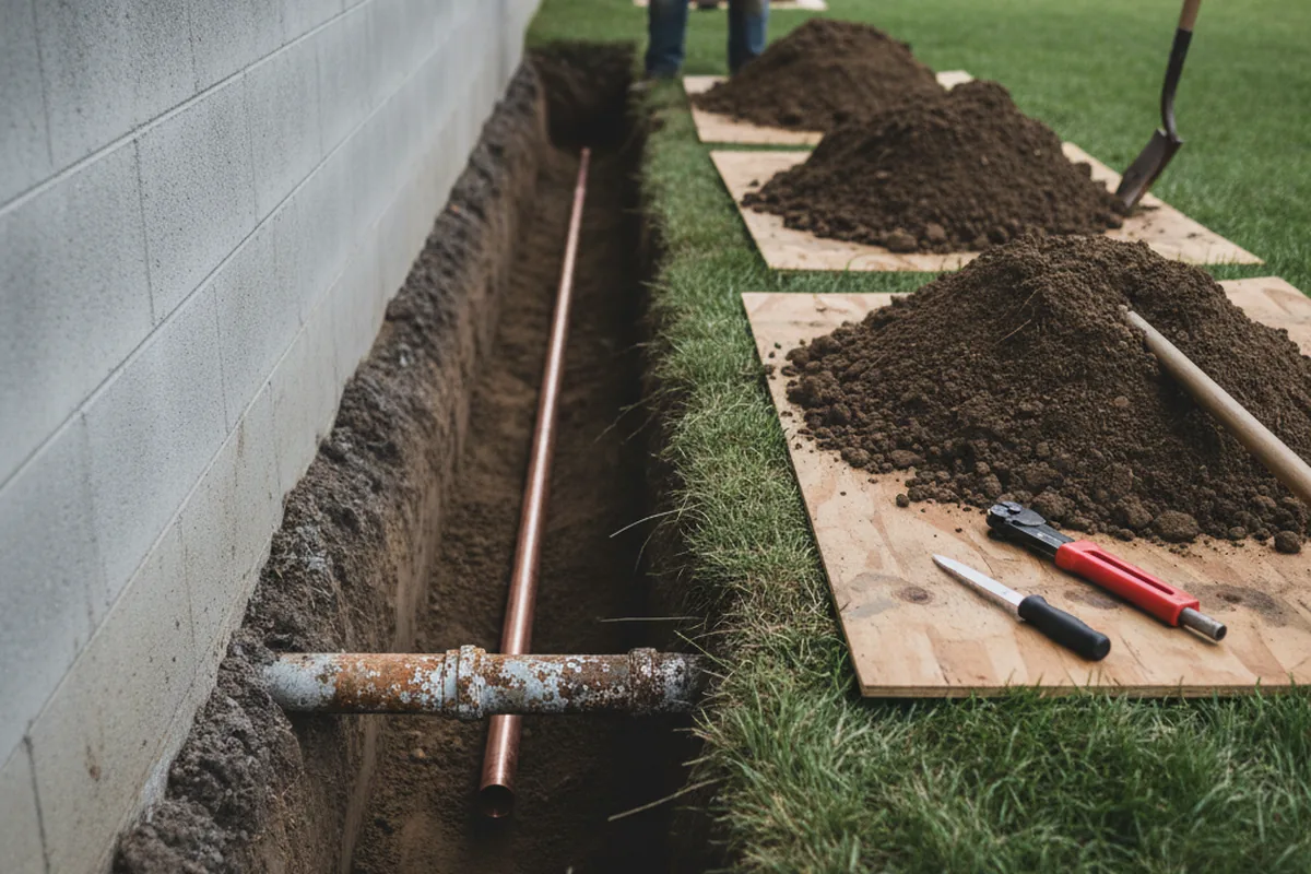 Excavated water line trench during Sewer Line Repair in Bethany